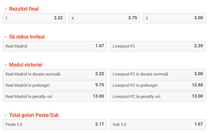 Ofertă incredibilă pentru Real Madrid - Liverpool: 320 de variante și 500 lei bonus!