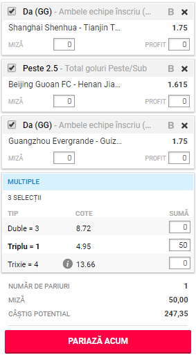 Bilet goluri 18 iulie 2018. Mergem și pariem pe Super Liga Chinei