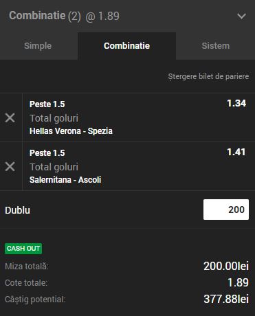 2 bilete ponturi pariuri pe goluri din Serie B 25.08.2018 şi o cotă de 9.48