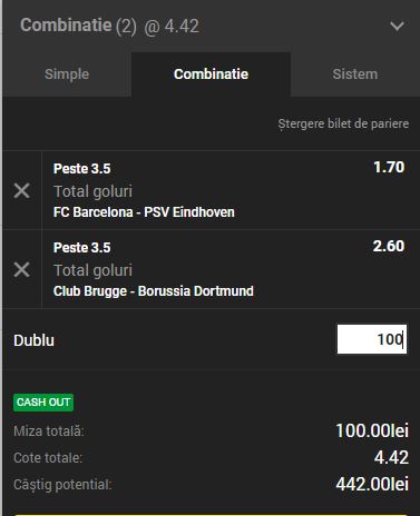 2 bilete pariuri pe goluri din Champions League şi o cotă de 8.88