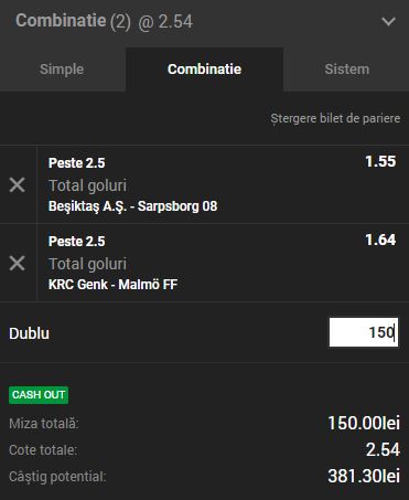 2 bilete pariuri pe goluri Europa League 20.09.2018 şi o cotă totală de 7.95